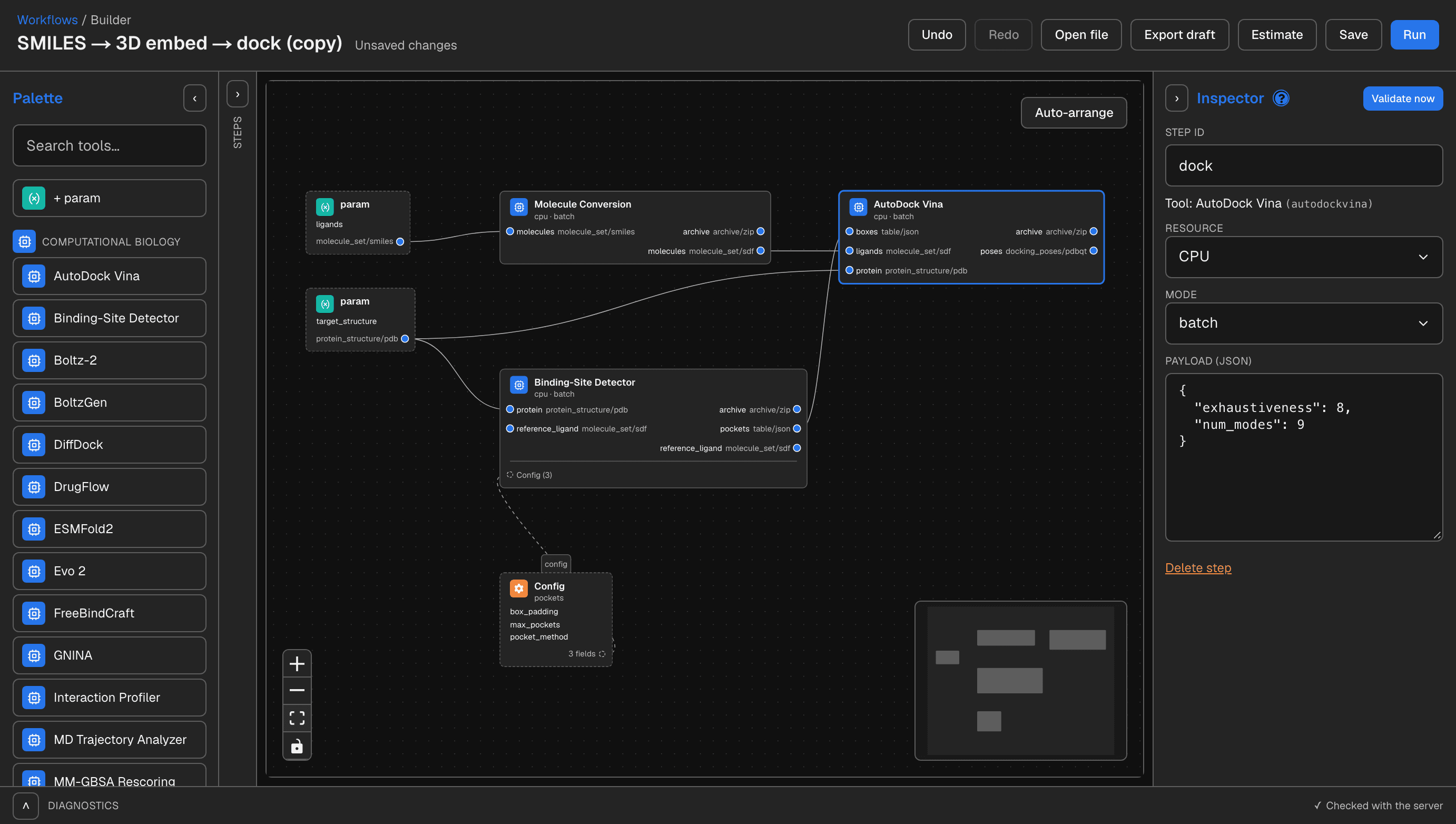 The workflow builder: a palette of tools on the left; in the middle, the steps Molecule Conversion, Binding-Site Detector, and AutoDock Vina connected to the ligand and target inputs; on the right, the AutoDock Vina step's resource, mode, and payload settings.